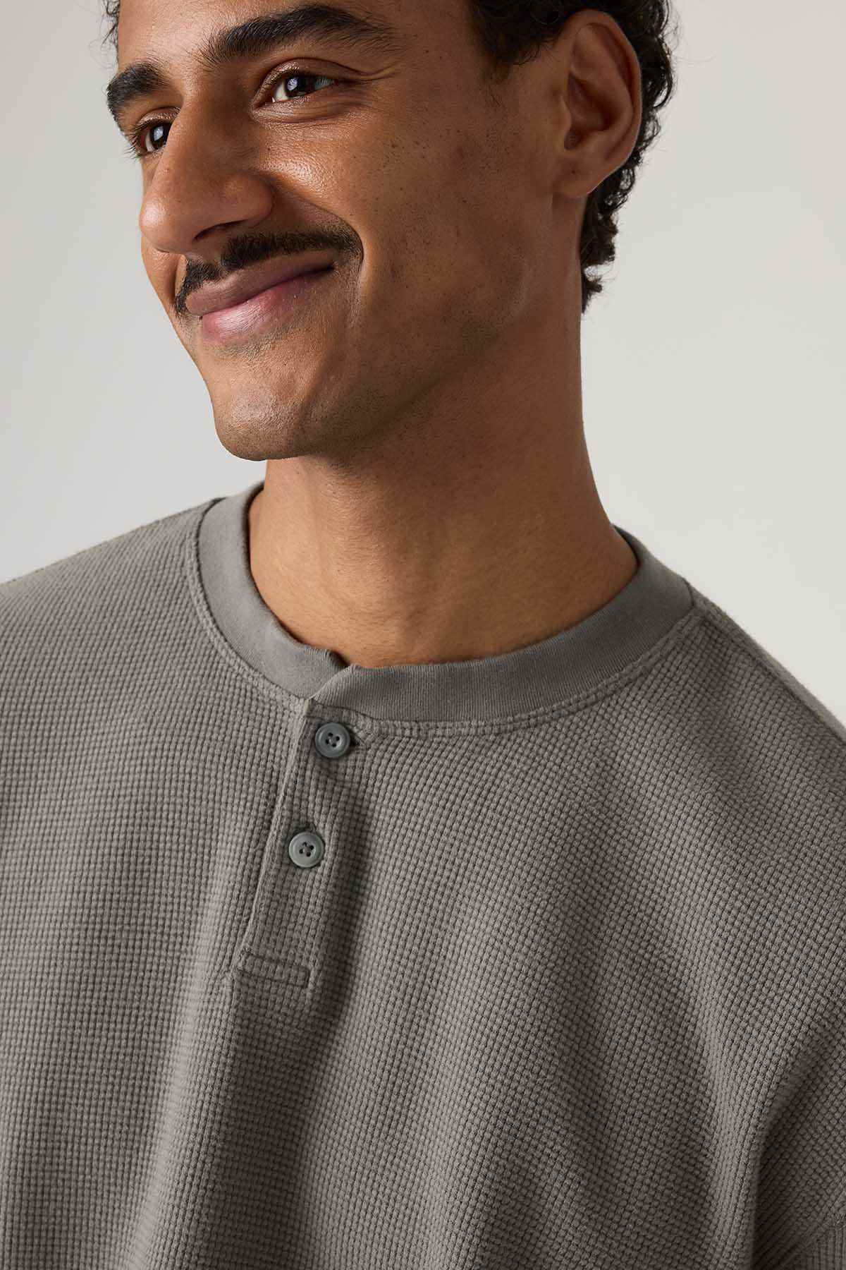 Levi's grey henley neckline with short button placket and ribbed collar