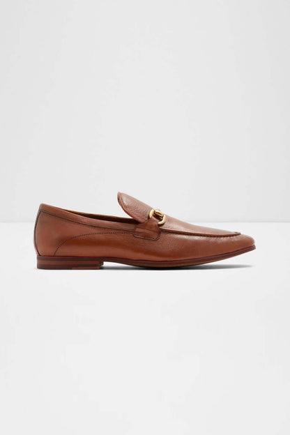 Cognac leather-look loafer with gold bit detail and slip-on upper