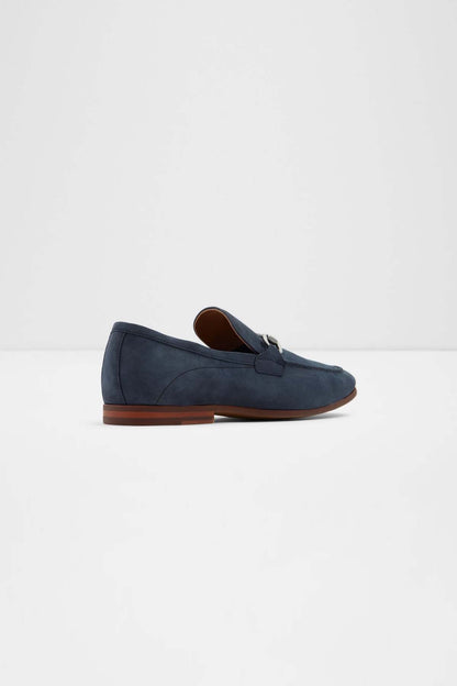 ALDO navy suede loafer, low profile with metal bit and contrast brown sole