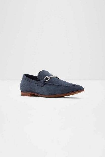 ALDO navy suede loafer with metal bit, rounded toe and brown heel