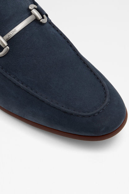 ALDO navy suede loafer close-up, metal bit and stitched vamp