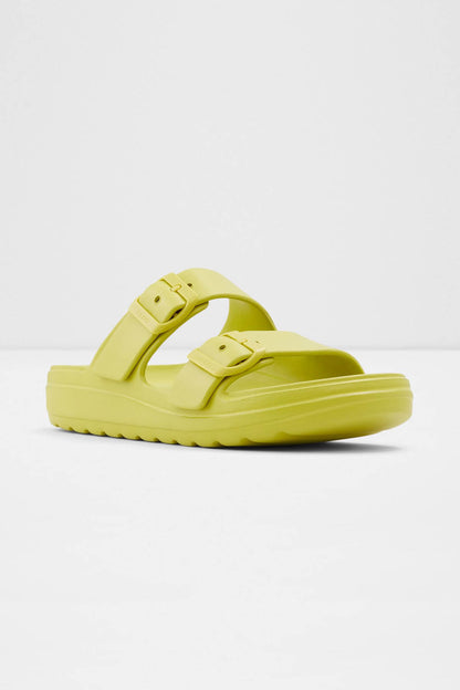 ALDO bright green slide sandals with molded footbed and two buckle straps