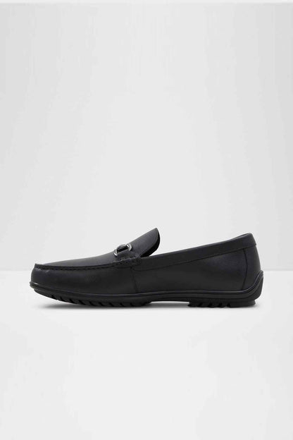 ALDO black loafer with metal bit detail, angled side view