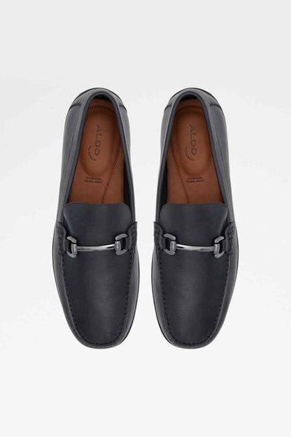 ALDO black leather loafer pair, front view with tan interior lining