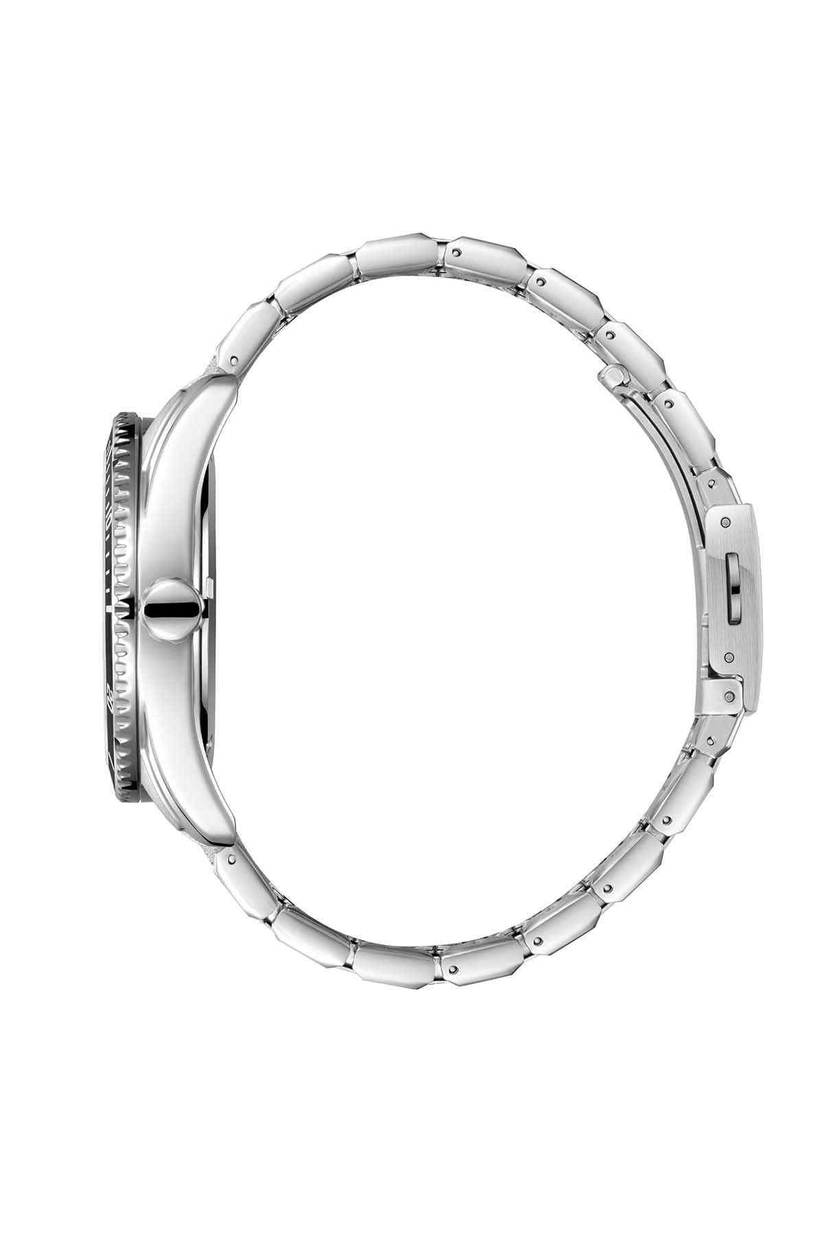 Silver stainless watch case and metal bracelet links, side profile with crown