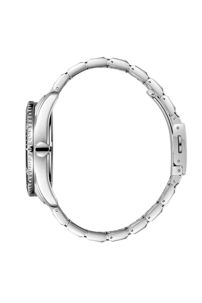 Silver stainless watch case and metal bracelet links, side profile with crown