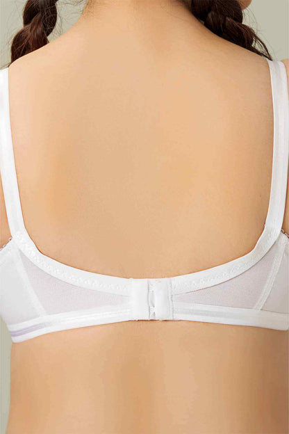 White underwire bra back view with adjustable straps and center-back hook closure