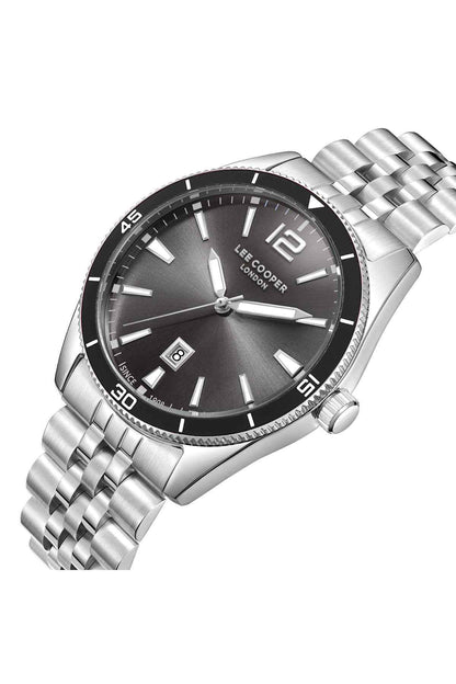 Lee Cooper silver wristwatch with black dial, large hour markers, and metal link bracelet