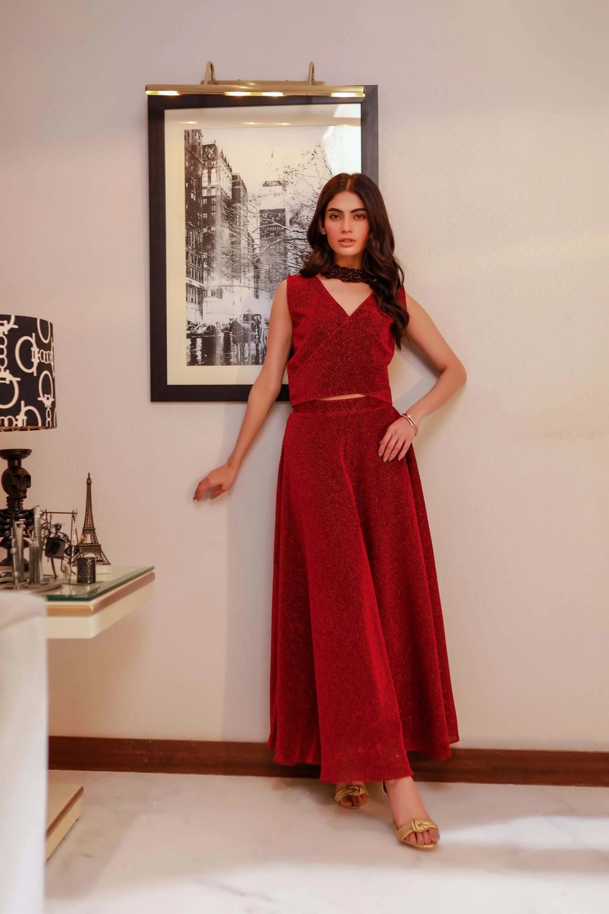 Red sleeveless V-neck velour maxi dress with waist tie belt