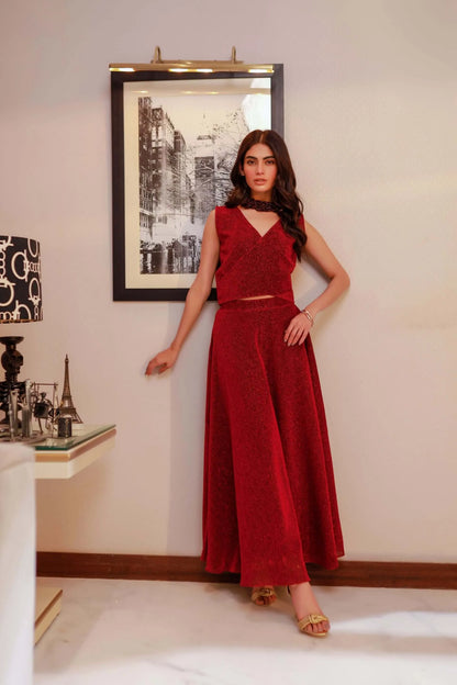 Red sleeveless V-neck velour maxi dress with waist tie belt