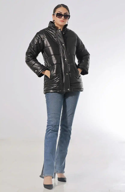 Fiona black quilted puffer jacket with snap-button front and stand collar