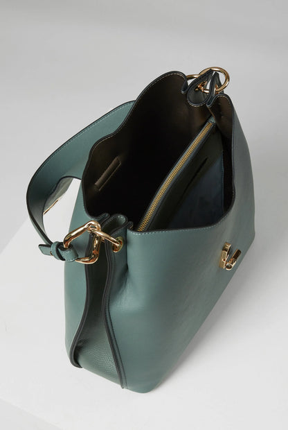 Green hobo bag open top with dark interior, zip pocket, and gold hardware