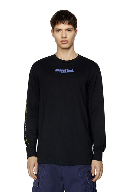 Black long-sleeve crew-neck T-shirt with 'Diesel ind. Network' chest graphic
