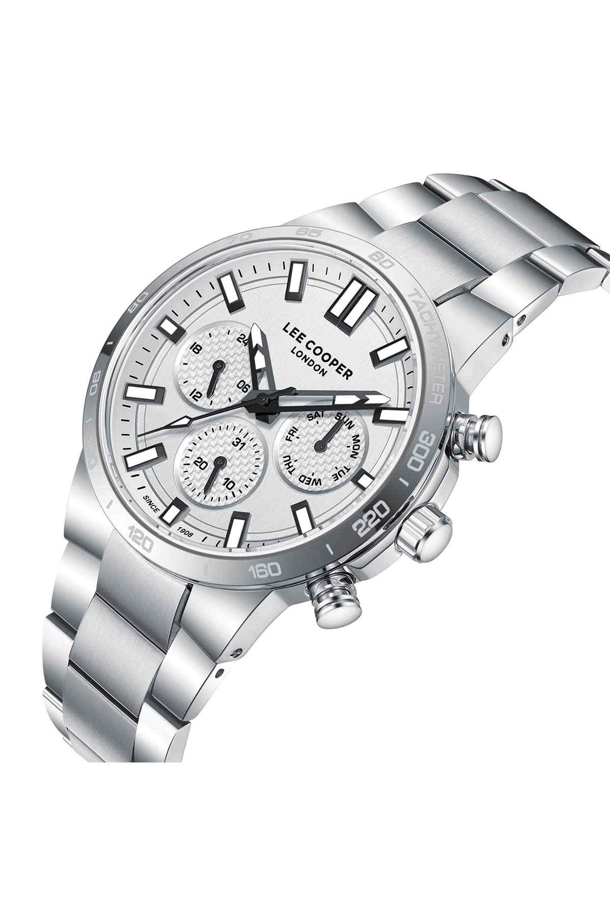 Silver Lee Cooper London chronograph wristwatch with white dial and subdials