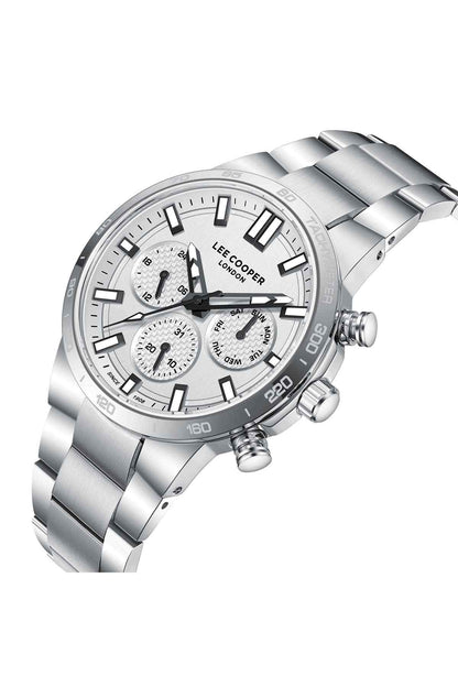 Silver Lee Cooper London chronograph wristwatch with white dial and subdials