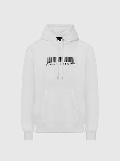 White hoodie front view with barcode logo and drawstring