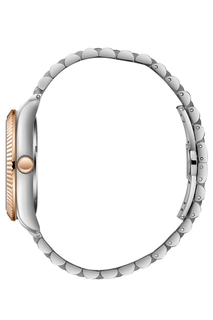 Silver wristwatch side view with rose-gold bezel edge and metal link bracelet