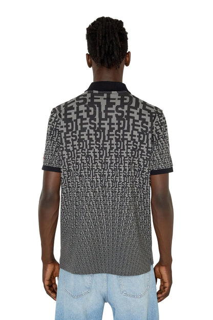 Back view patterned polo shirt with black collar and short sleeves