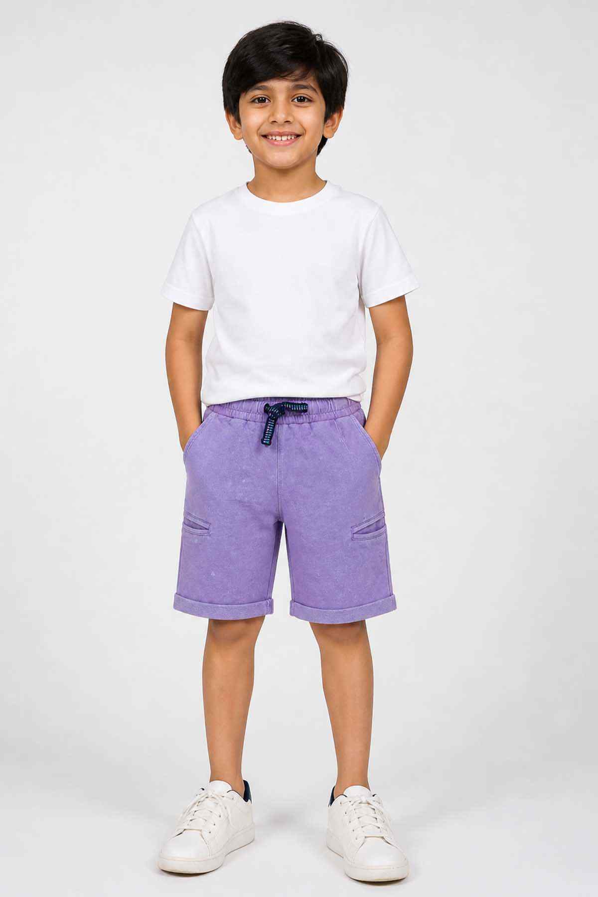 Purple kids' shorts with elastic waist, black drawstring, side pockets