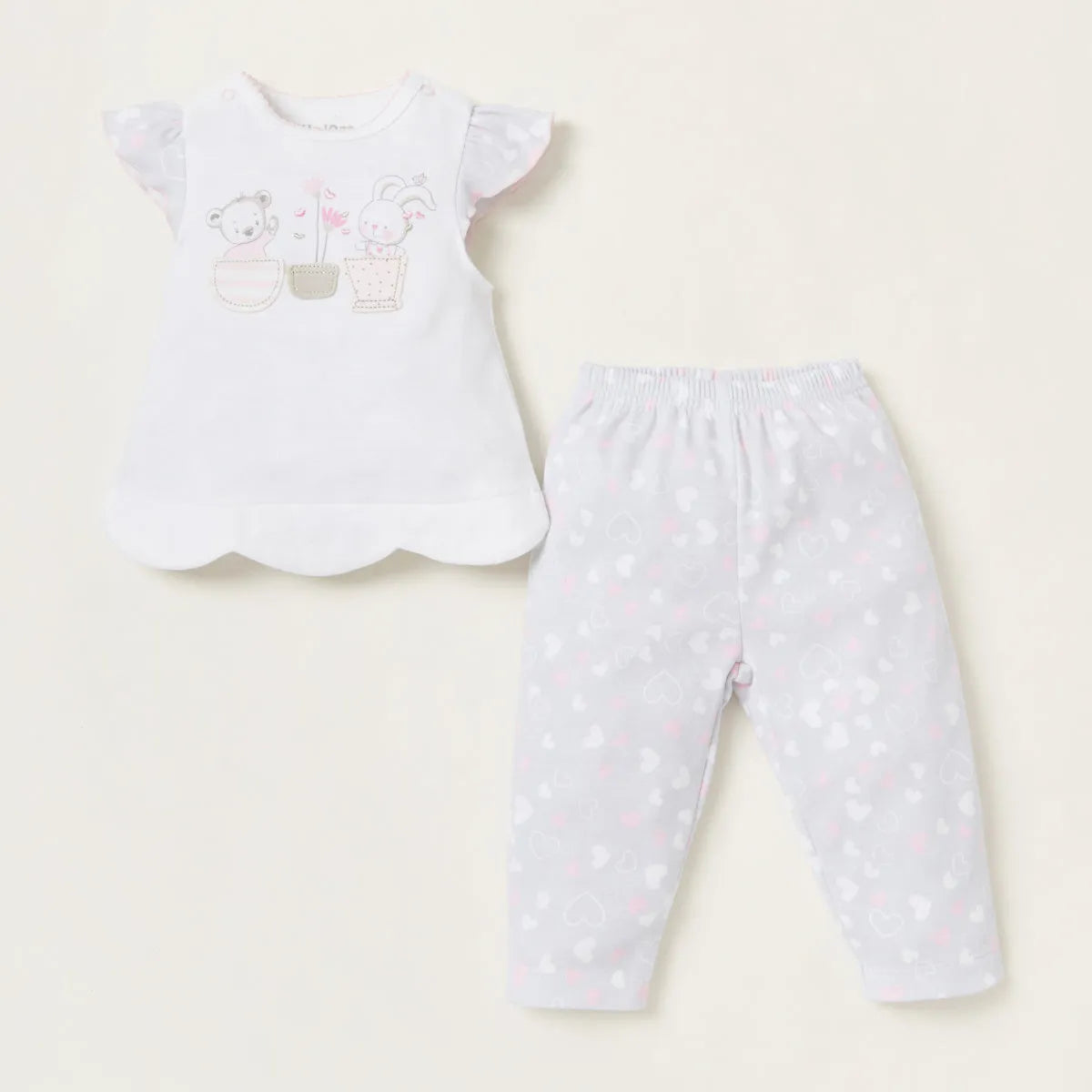 Baby T-shirt and pajama pants set with animal print, white and light lavender