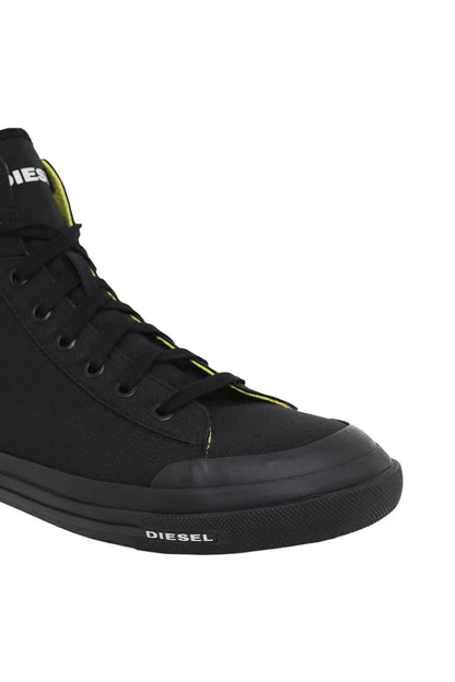 Diesel black high-top sneakers with yellow stitch accents