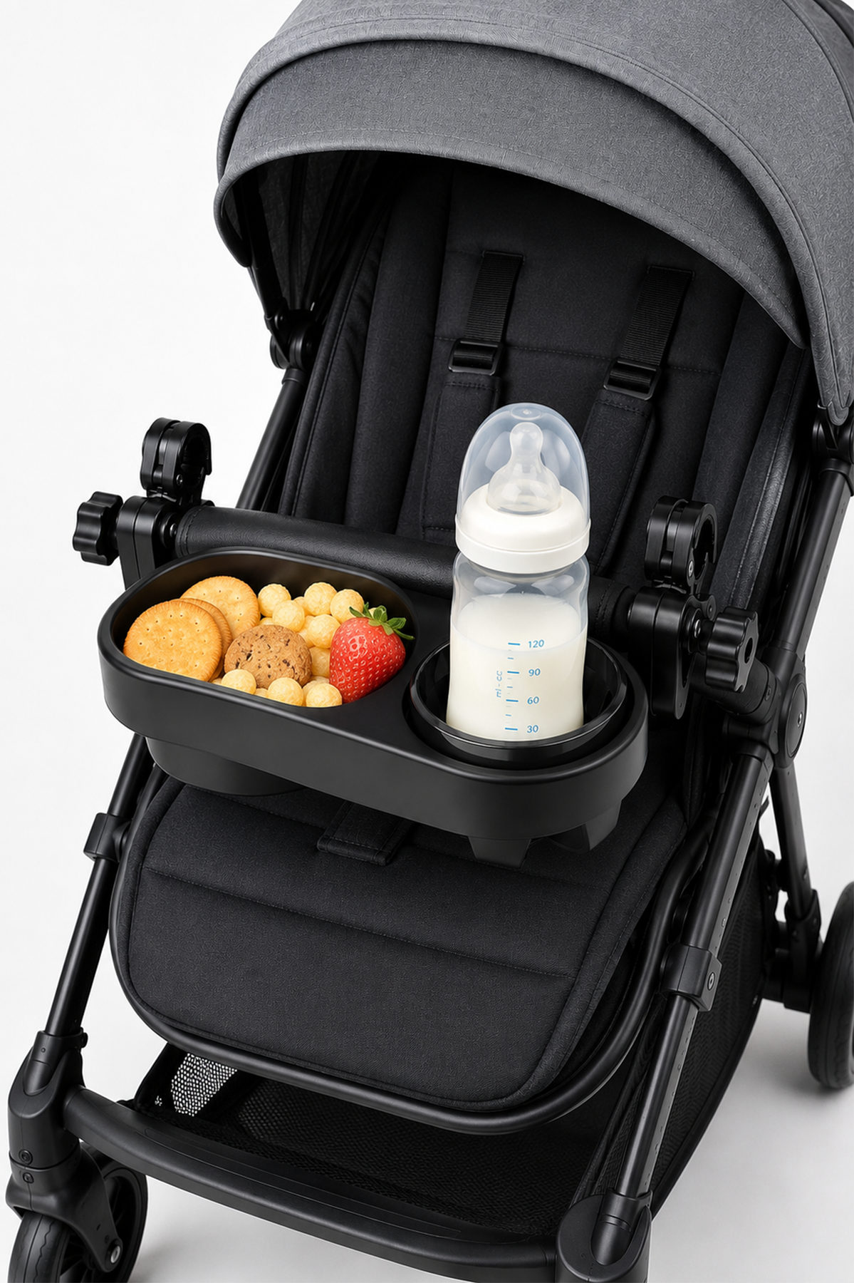 Black stroller snack tray with bottle holder and cup slots