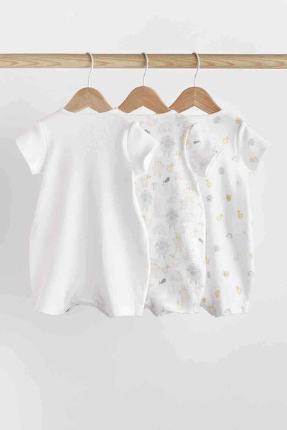 Baby short-sleeve bodysuit set on hangers: one solid white, two printed designs