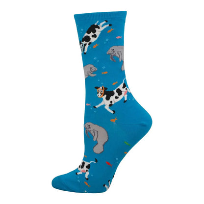 Blue crew sock with animal print of dogs and gray elephants