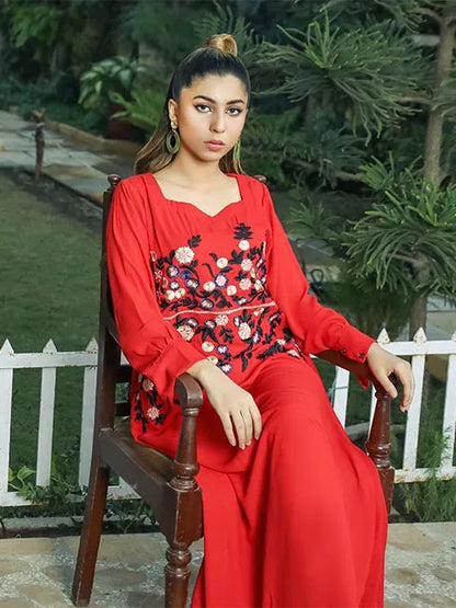 Red V-neck maxi dress with floral embroidery neckline and long cuffed sleeves