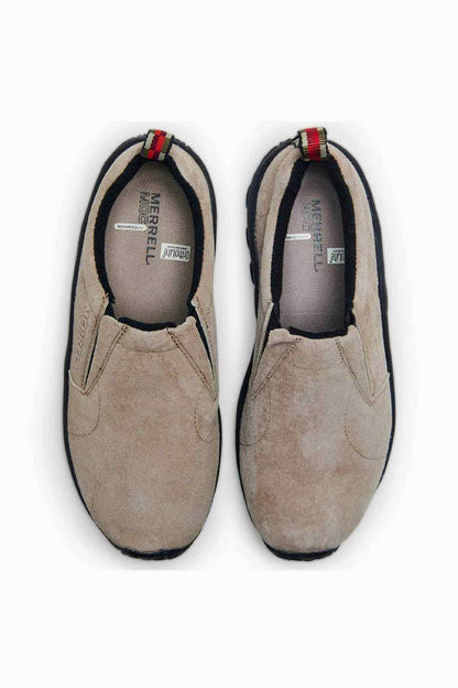 Taupe suede slip-on shoes with padded collar and logo-lined inner label