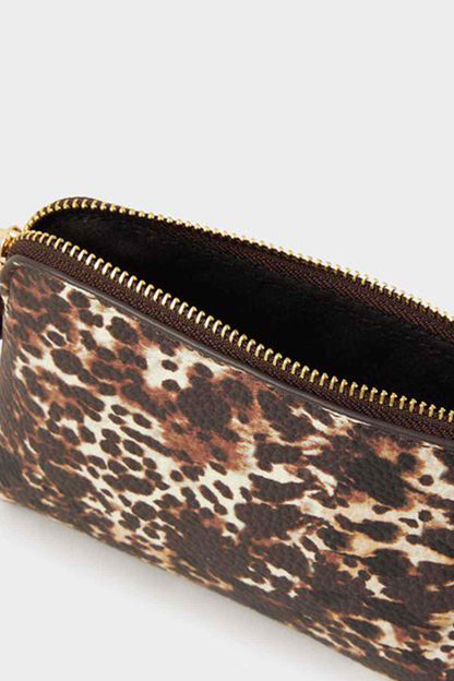 Leopard print zip pouch with visible gold-tone zipper and inner lining