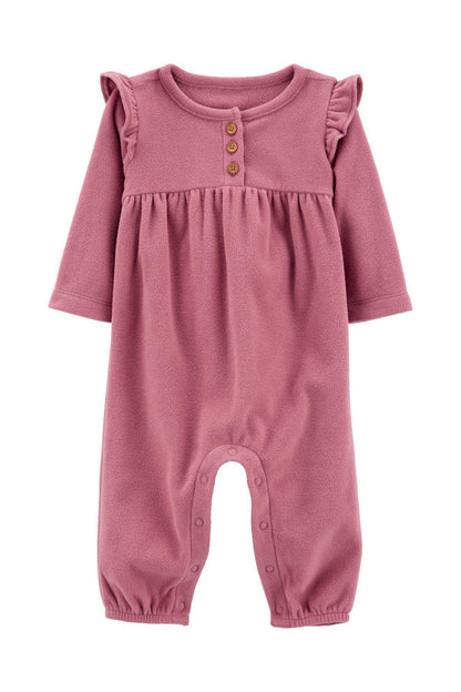 Pink long-sleeve baby romper with ruffled yoke and snap buttons