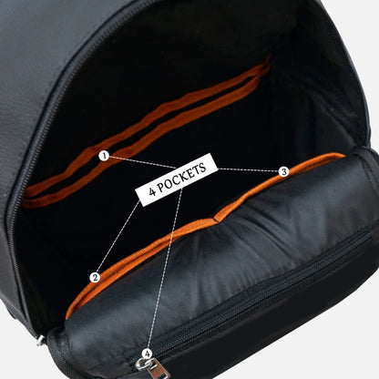 Black backpack interior with four pockets, orange trim, and zippered compartments