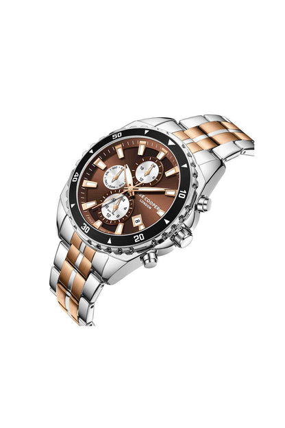 Lee Cooper chronograph watch, brown dial with subdials and silver two-tone steel band