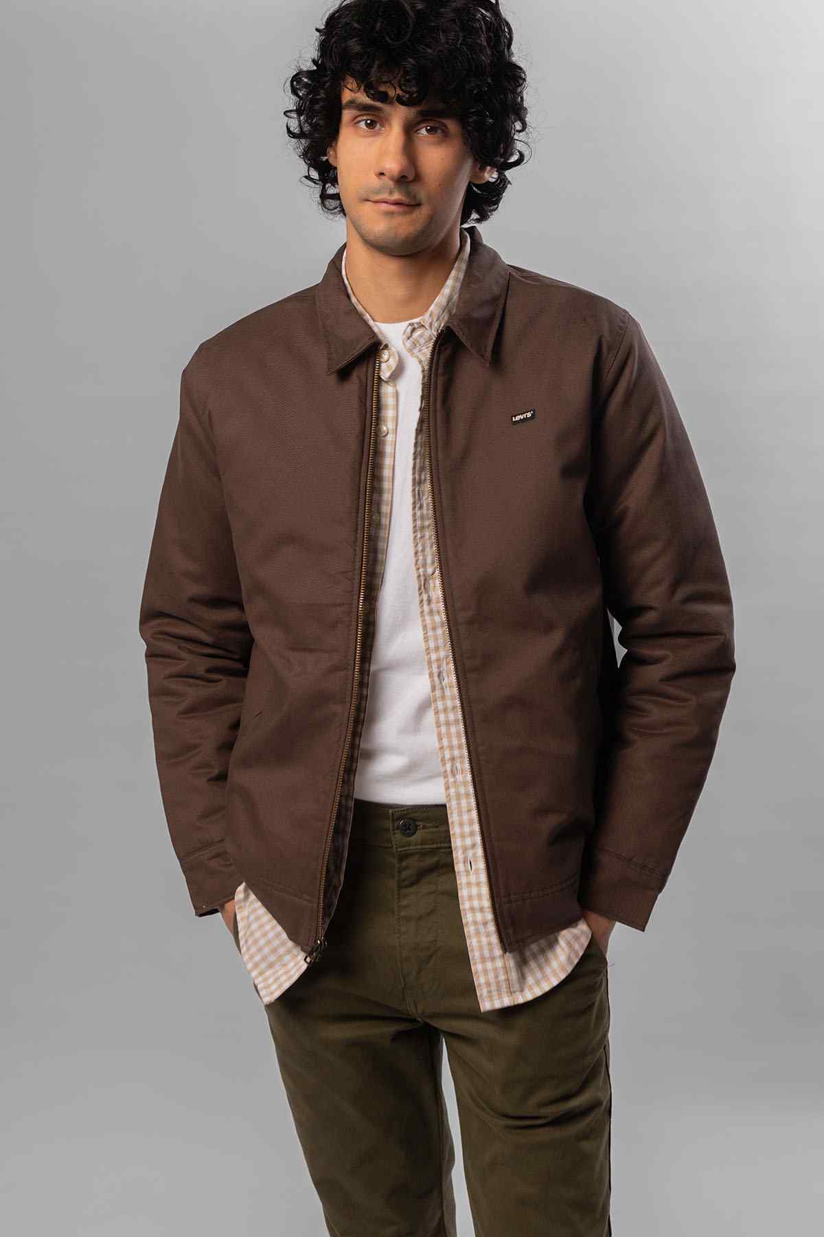 Men's chocolate brown zip-up jacket with stand collar and chest logo detail