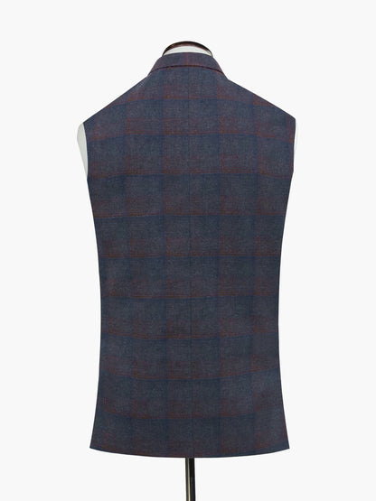 Dark plaid sleeveless vest back view with stand collar and button details