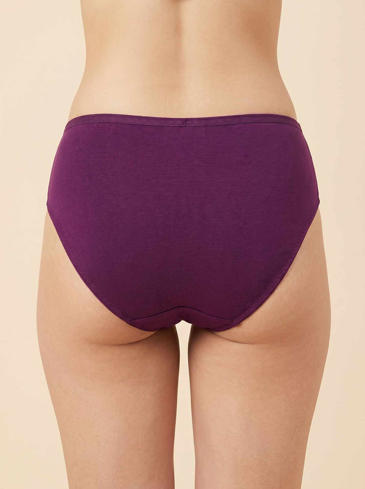Women's purple bikini briefs with full back coverage and gathered center seam