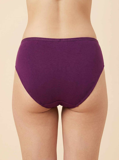 Women's purple bikini briefs with full back coverage and gathered center seam