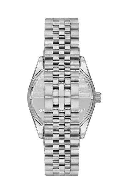 BHPC silver metal wristwatch back view with ridged case and bracelet links