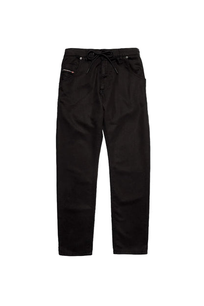 Black drawstring trousers with elastic waistband and cropped straight legs