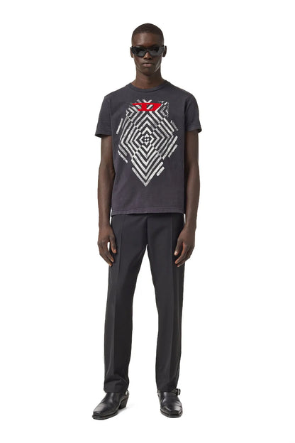 Black crew-neck T-shirt with geometric logo graphic, front view on model