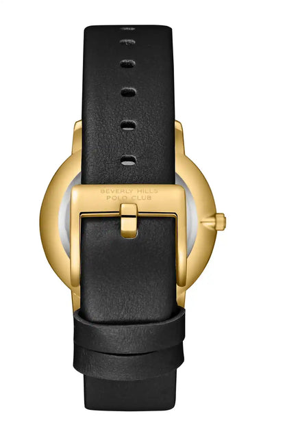 Gold-tone watch case with black leather strap and buckle clasp detail