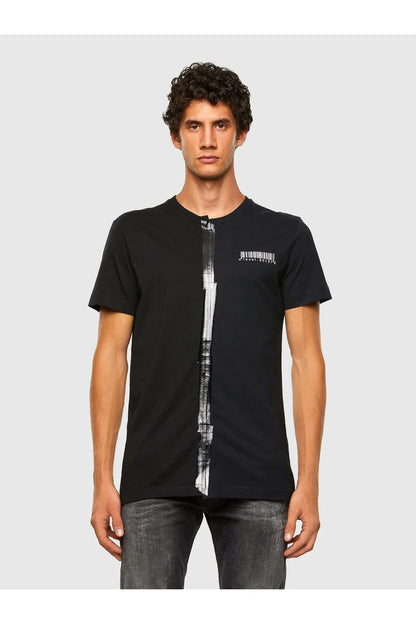 Diesel black zip-front T-shirt with chest barcode-style graphic