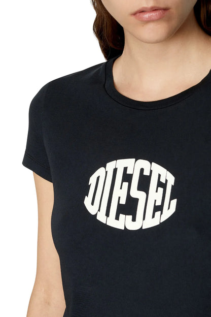 Black crewneck T-shirt with large DIESEL logo graphic