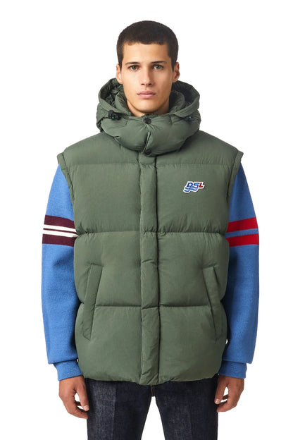 Diesel green hooded quilted vest with logo patch and front pockets