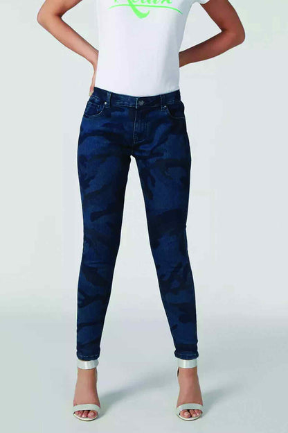 Blue camouflage denim jeans, women’s mid-rise with button waist and five-pocket design