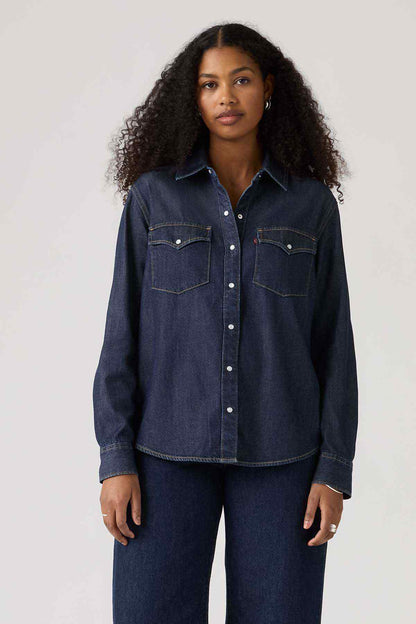 Levi's dark denim button-up with chest flap pockets and long sleeves
