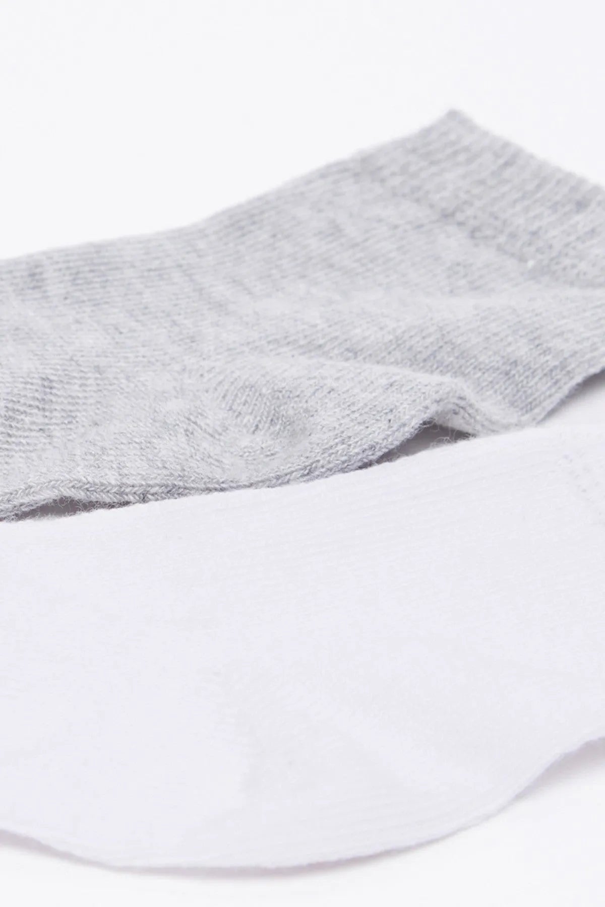 Baby socks close-up, heather gray and white ankle socks with ribbed knit cuff