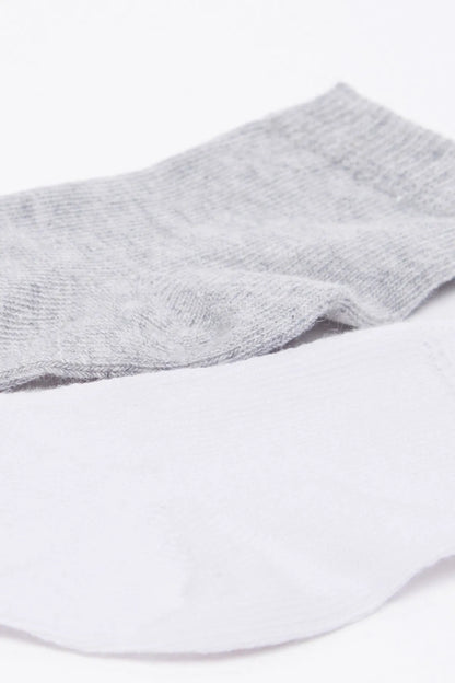 Baby socks close-up, heather gray and white ankle socks with ribbed knit cuff