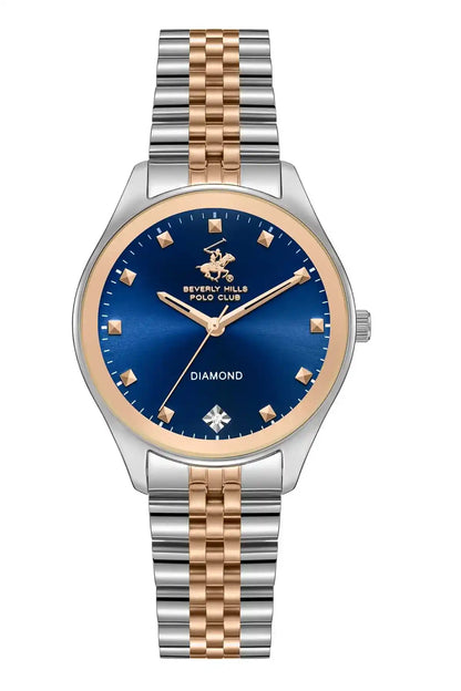 Two-tone stainless watch with blue dial, gold markers, diamond accent, three-hand design